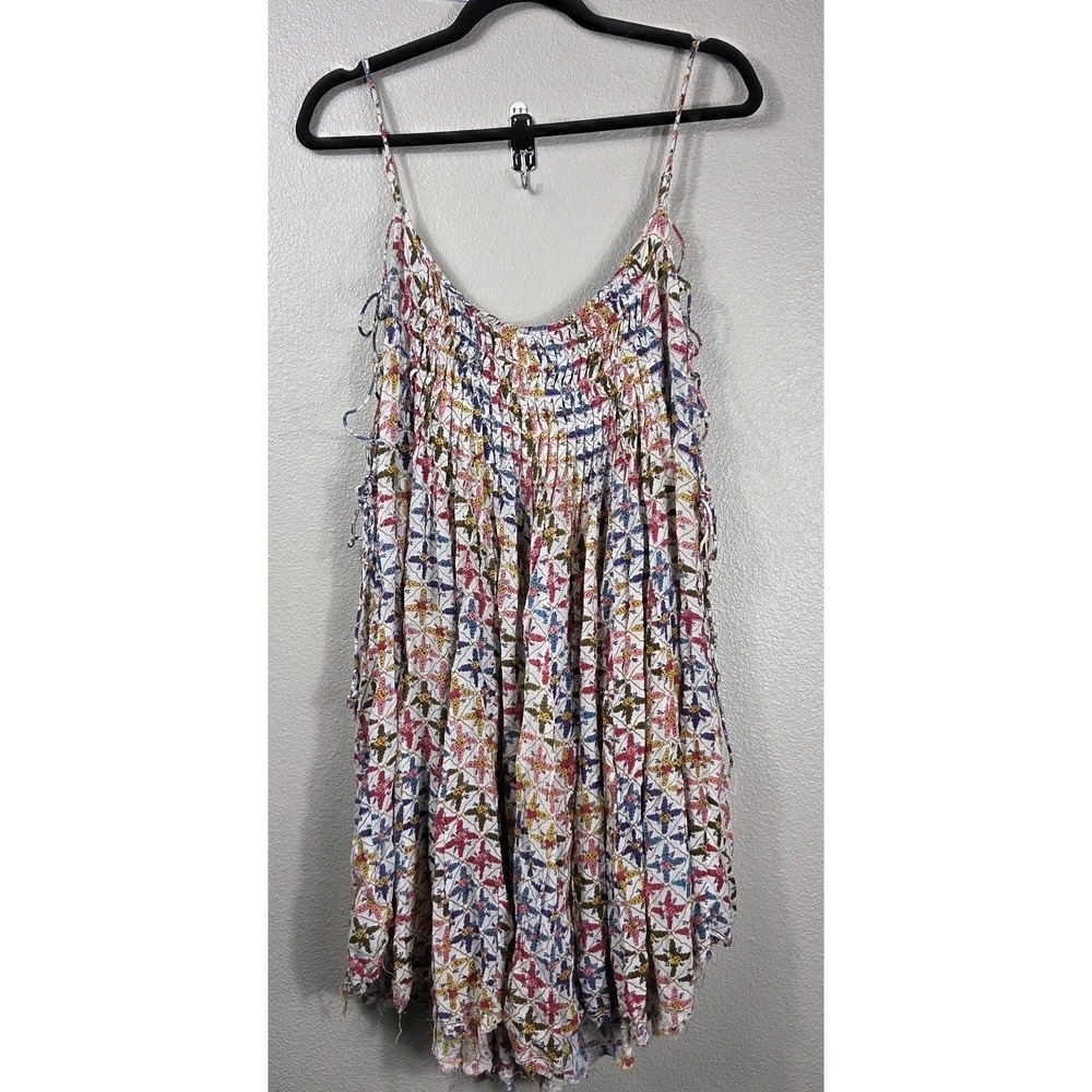 FP One Free People Butterfly Print Rayon Boho Tunic Mini Dress Lace Up Sides...